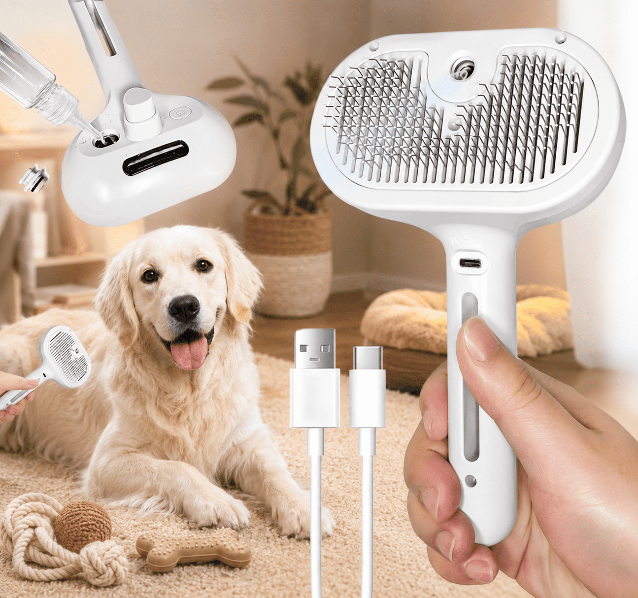 3-in-1 Steam Pet Brush  for Cats & Dogs, Make Grooming Stress-Free