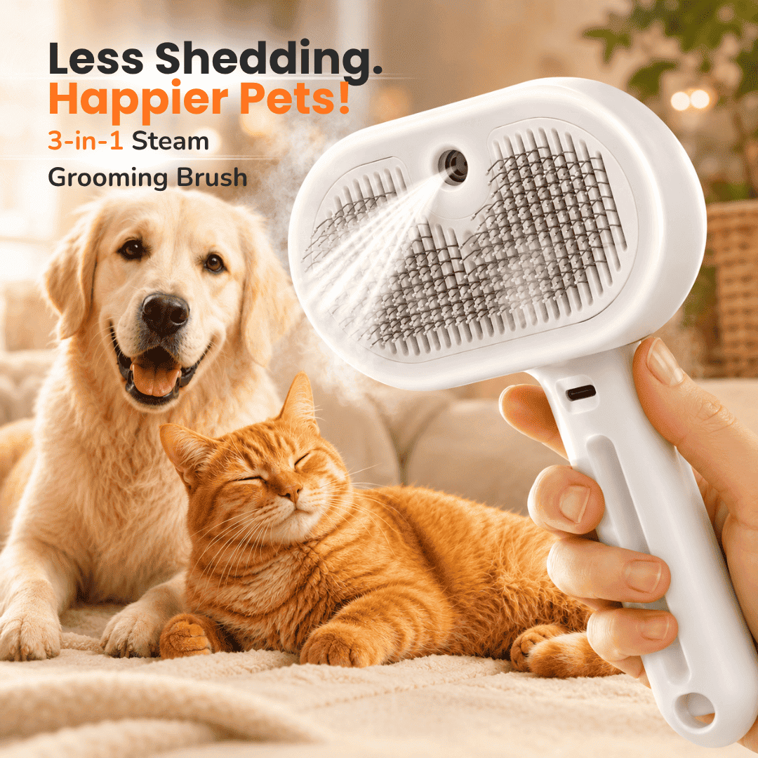 3-in-1 Steam Brush – Pet Hair Removal & Grooming Spray Comb for Cats & Dogs